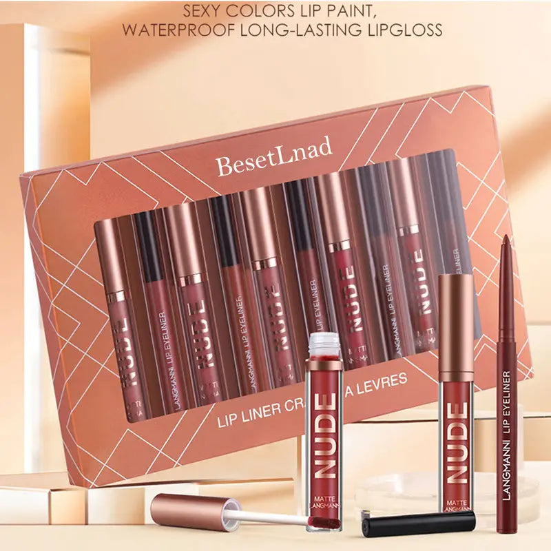 12 Matte Velvet Nude Liquid Lipstick + Lip Liner Set Lip Gloss
