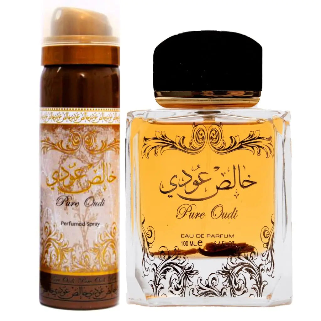 Lattafa Perfumes Pure Oudi (Khalis Oudi) 2 Piece Set for Unisex (3.4 Ounce Eau de Parfum Spray + 1.7 Ounce Perfumed Body Spray)