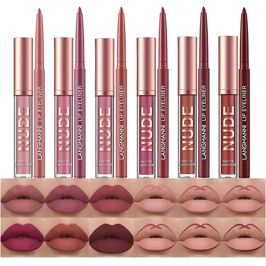 12 Matte Velvet Nude Liquid Lipstick + Lip Liner Set Lip Gloss