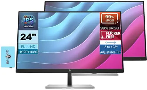 HP E24 G5 Commercial Monitor 24" IPS FHD Anti-Glare Display VESA Mount (100x100mm) Flicker Free Adjustable Tilt HDMIBlack/Silver 6N6E9AA#ABA w/DKZ Hub USB Port Expander(2024 Latest Model)(2 Pack)