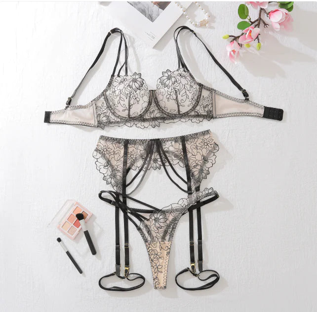 Women's Lace Mesh Hollow Lingerie 4-Piece Set