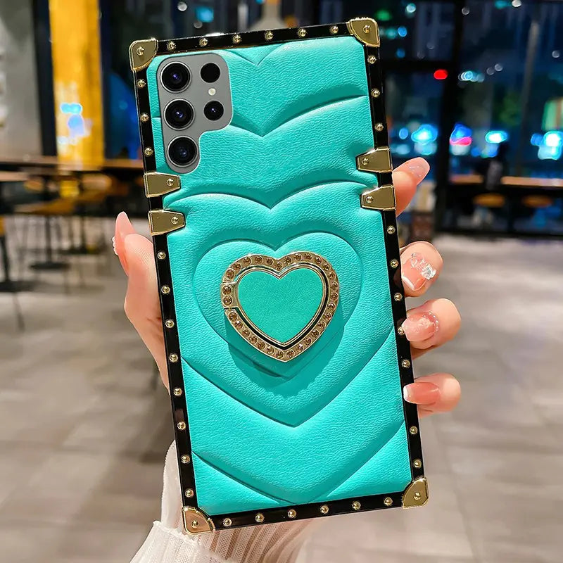 3D Love Heart Ring Holder Leather Case for Galaxy S21-23